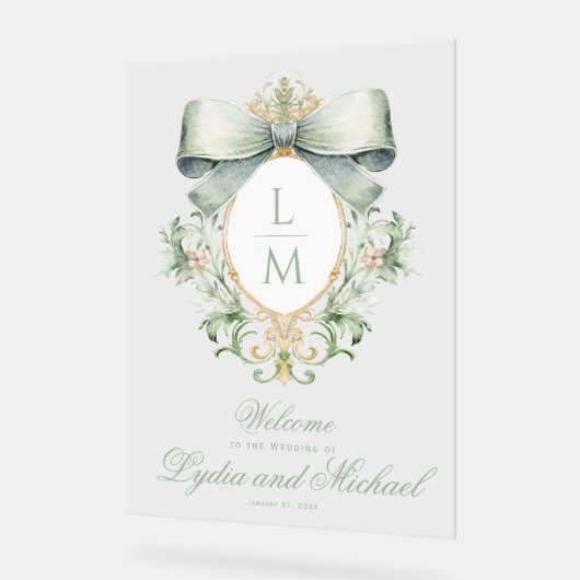 緑エレガント弓の歓迎結婚付き紋 アクリルサイン (傾斜)