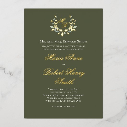 緑エレガント書道金ゴールドモノグラム結婚ズ 箔招待状 (正面)