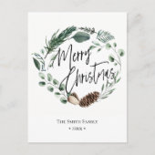 緑エレガント松コーン葉リース水彩 シーズンポストカード (正面)