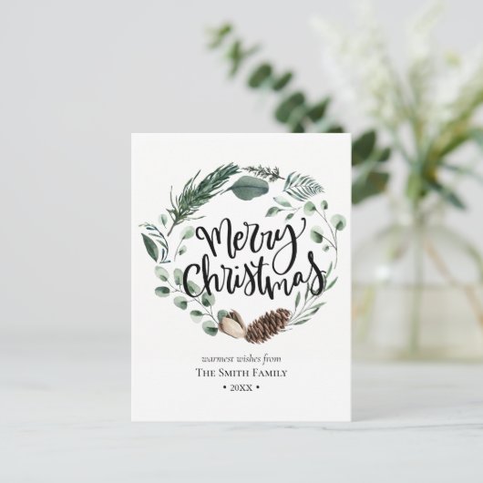 緑エレガント松コーン葉リース水彩 シーズンポストカード (スタンド正面)