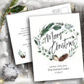 緑エレガント松コーン葉リース水彩 シーズンポストカード