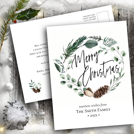 緑エレガント松コーン葉リース水彩 シーズンポストカード