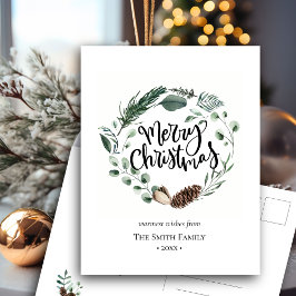 緑エレガント松コーン葉リース水彩 ポストカード