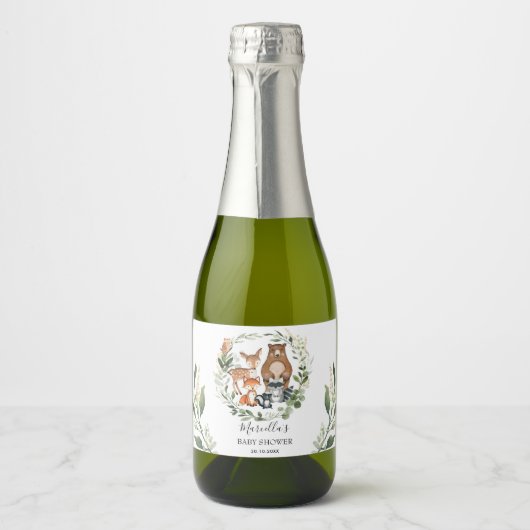 緑エレガント林の森の赤ちゃん動物 スパークリングワインラベル (正面)