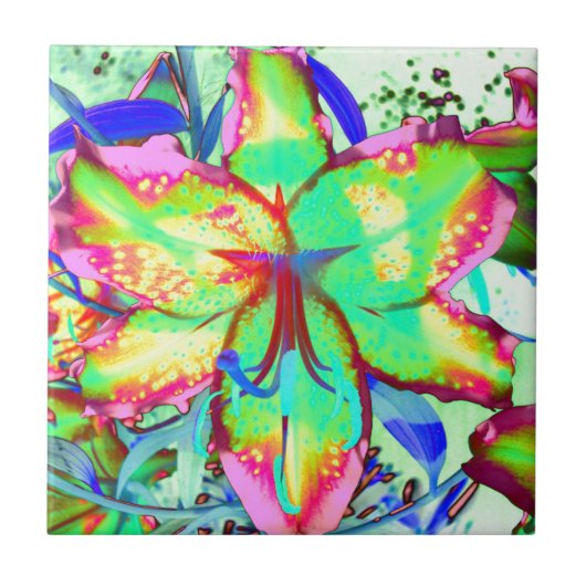 緑エレガント桃色の水彩熱帯フローラ タイル (正面)