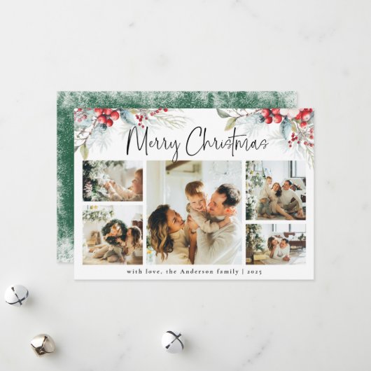 緑エレガント植物写真コラージクリスマス シーズンカード (正面/裏面インサイチュ)