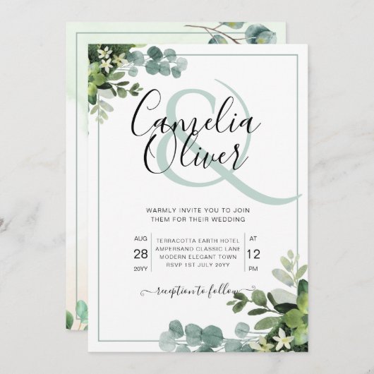 緑エレガント植物性アンパサ結婚ンドの魅力 招待状 (正面/裏面)