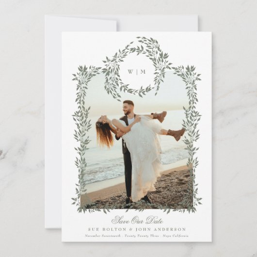 緑エレガント植物性リースフレームフォトズ結婚ーズ セーブザデート (正面)