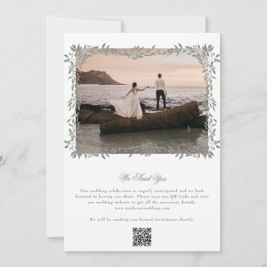 緑エレガント植物性リースフレームフォトズ結婚ーズ セーブザデート (裏面)