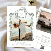 緑エレガント植物性リースフレームフォトズ結婚ーズ セーブザデート