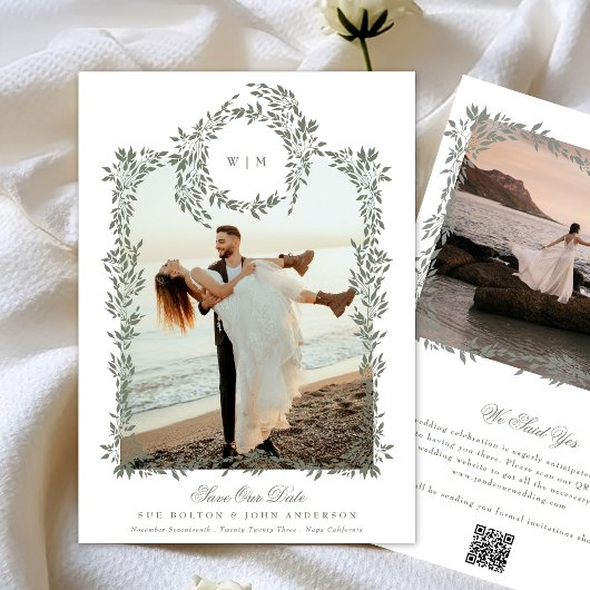 緑エレガント植物性リースフレームフォトズ結婚ーズ セーブザデート