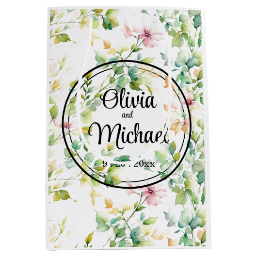 緑エレガント植物水彩野草 ミディアムペーパーバッグ (正面)