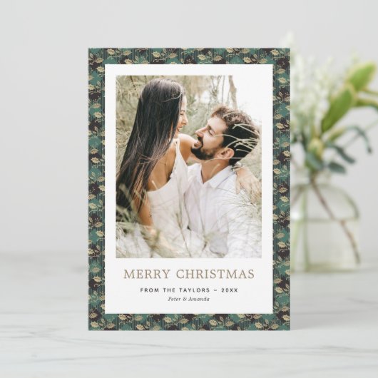 緑エレガント水牛プレイドホリー写真クリスマス シーズンカード (スタンド正面)