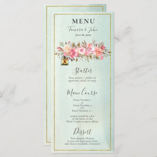 緑エレガント水色バラ金ゴールドフローラ提灯 メニュー (正面/裏面)