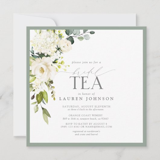 緑エレガント水色フローラブライダルティーシャワー 招待状 (正面)