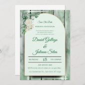 緑エレガント水色フローラ結婚式招待状 招待状 (正面/裏面)