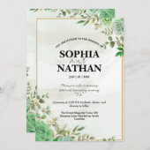 緑エレガント水色フローラ結婚式招待状 招待状 (正面/裏面)