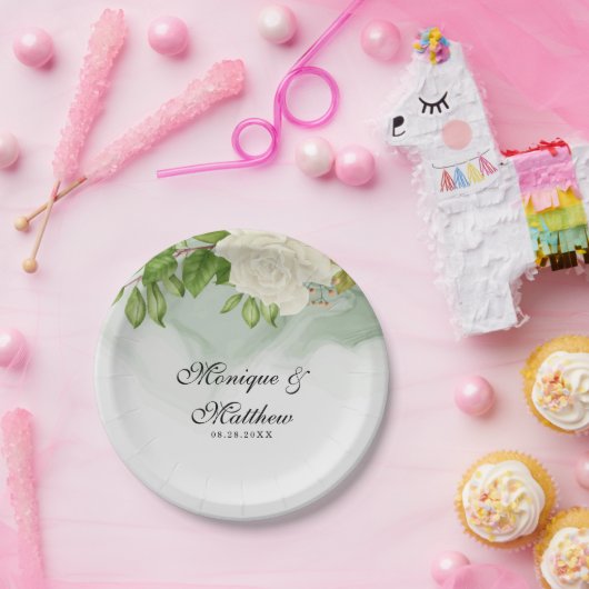 緑エレガント水色ホワイトバラ結婚ズ ペーパープレート (パーティー)