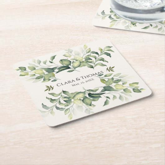 緑エレガント水色 | 紙結婚コースター スクエアペーパーコースター (アングル)