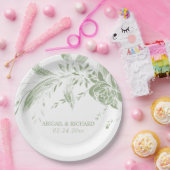 緑エレガント白の草花結婚 ペーパープレート (パーティー)