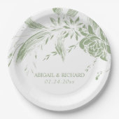 緑エレガント白の草花結婚 ペーパープレート (正面)