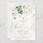緑エレガント白フローラ金ゴールドクロス洗礼 招待状 (正面)