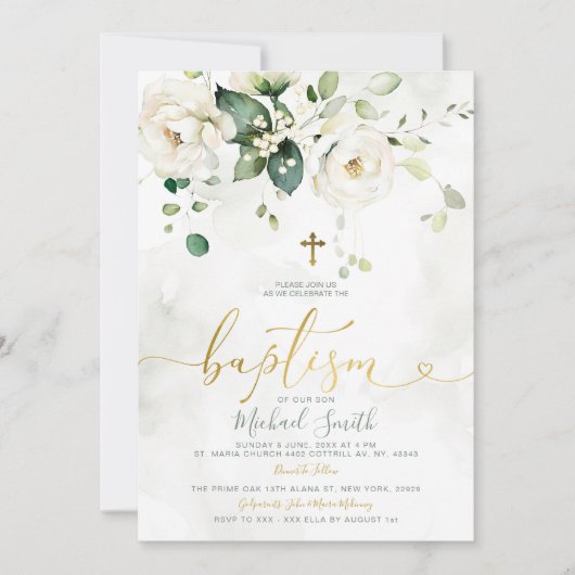 緑エレガント白フローラ金ゴールドクロス洗礼 招待状 (正面)