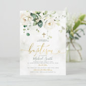 緑エレガント白フローラ金ゴールドクロス洗礼 招待状 (スタンド正面)