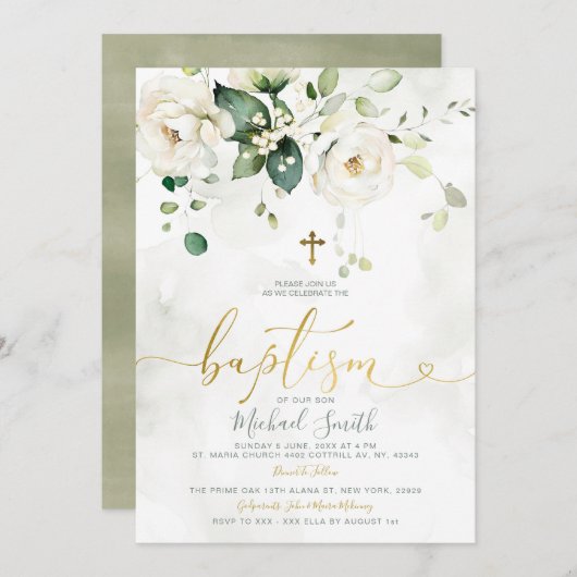 緑エレガント白フローラ金ゴールドクロス洗礼 招待状 (正面/裏面)