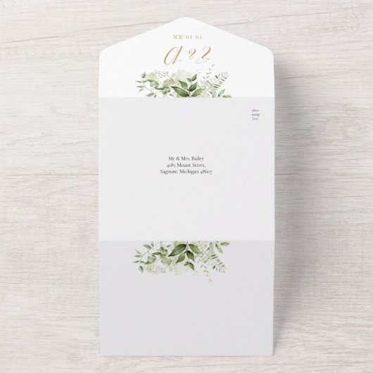 緑エレガント素朴の金ゴールドQRコー結婚ド オールインワン招待状 (外側)