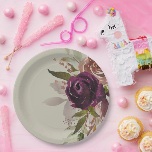 緑エレガント紫プラムと金ゴールドフローラ結婚ズ ペーパープレート (パーティー)