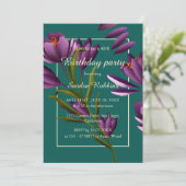 緑エレガント紫色の花誕生会 招待状 (スタンド正面)