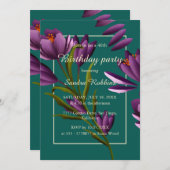 緑エレガント紫色の花誕生会 招待状 (正面/裏面)