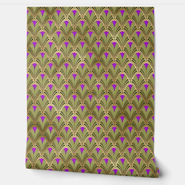 緑エレガント紫金ゴールドアールデコヴィンテージパターン 壁紙 (ほどく)