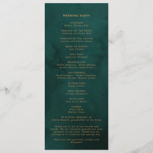 緑エレガント背景を持つ金ゴールド結婚文字 プログラム (裏面)