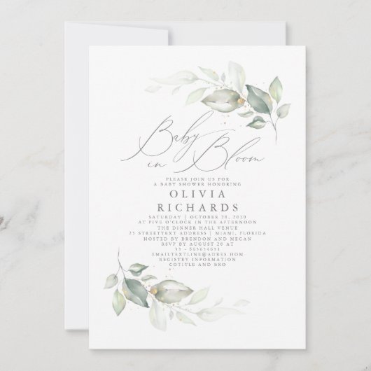 緑エレガント色かわいいベビーイン開花ベイビーシャワー 招待状 (正面)