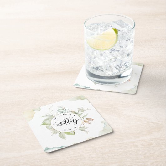 緑エレガント色と水色の汚れ結婚。 スクエアペーパーコースター (インサイチュ)