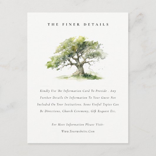 緑エレガント色のオークの木の結婚詳細 エンクロージャーカード (正面)