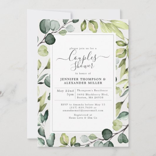 緑エレガント色のカップルがシャワーするユーカリ 招待状 (正面)