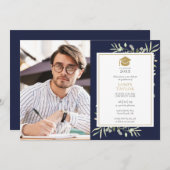 緑エレガント色のネイビーブルー卒業パーティーの写真 招待状 (正面/裏面)