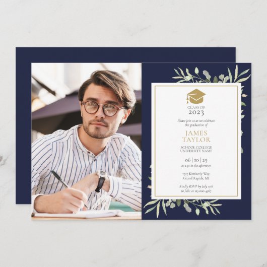 緑エレガント色のネイビーブルー卒業パーティーの写真 招待状 (正面/裏面)