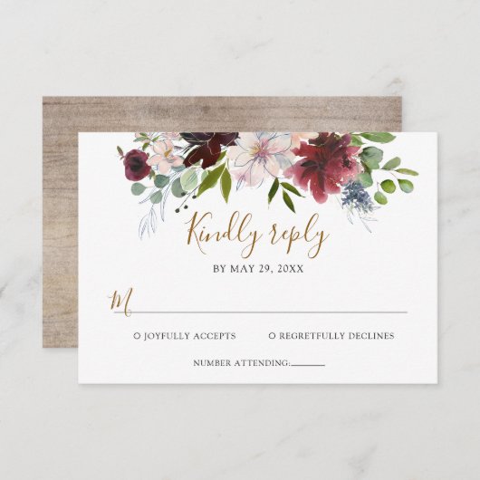 緑エレガント色のバーガンディ海軍結婚フローラ 出欠カード (正面/裏面)