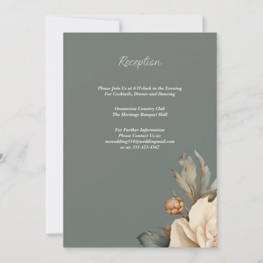 緑エレガント色のフローラの結婚トープ 招待状 (裏面)