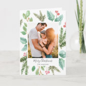 緑エレガント色のホリー写真メリークリスマス シーズンカード (正面)