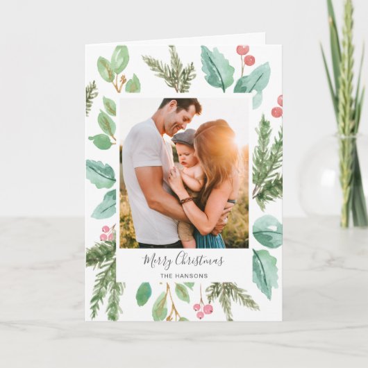 緑エレガント色のホリー写真メリークリスマス シーズンカード (正面)