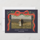 緑エレガント色の写真クリスマス付き赤い弓 シーズンカード (正面)