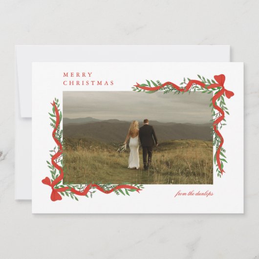緑エレガント色の写真クリスマス付き赤い弓 シーズンカード (正面)