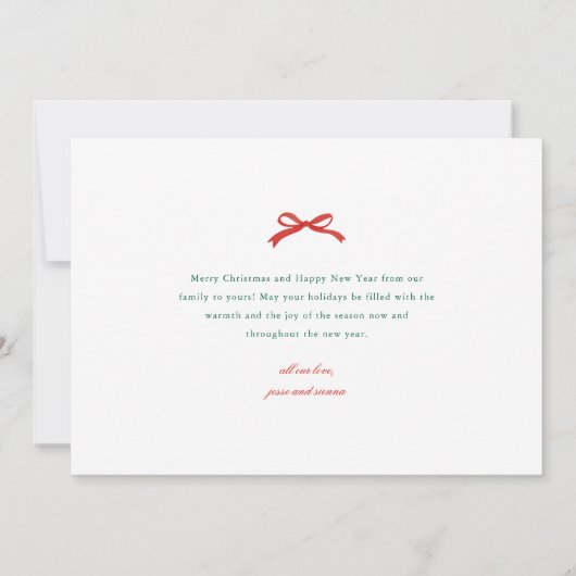 緑エレガント色の写真クリスマス付き赤い弓 シーズンカード (裏面)