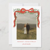 緑エレガント色の写真クリスマス付き赤い弓 シーズンカード (正面)