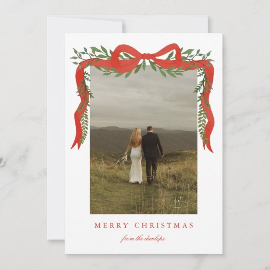 緑エレガント色の写真クリスマス付き赤い弓 シーズンカード (正面)